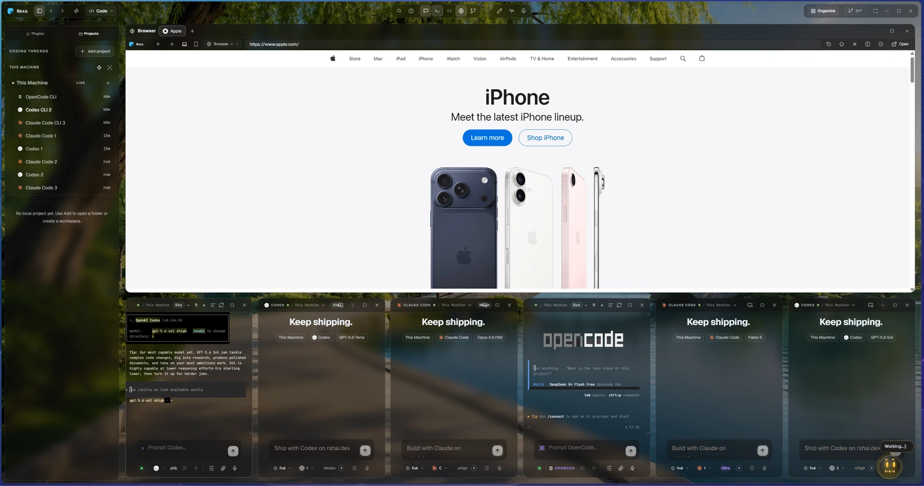 Six agent lanes running beside a browser panel in Nexa