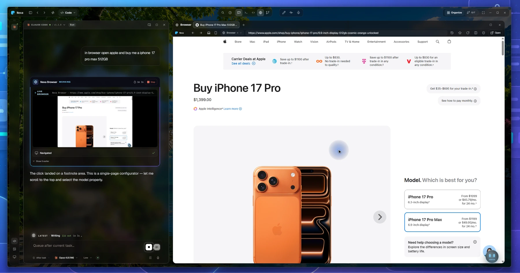 An agent driving the Nexa browser through a shopping flow