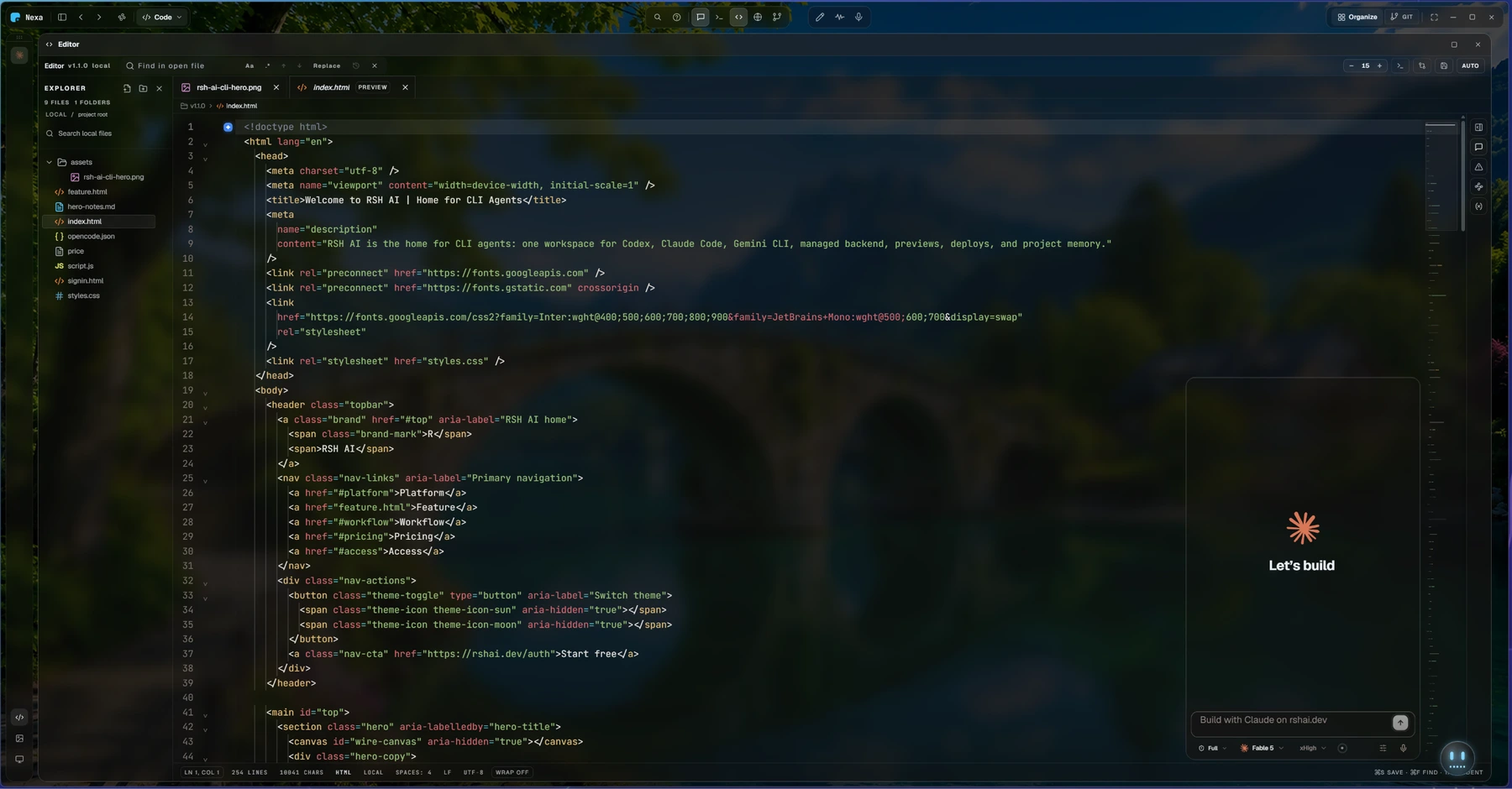 The Nexa editor with file tree, tabs, minimap and an agent dock