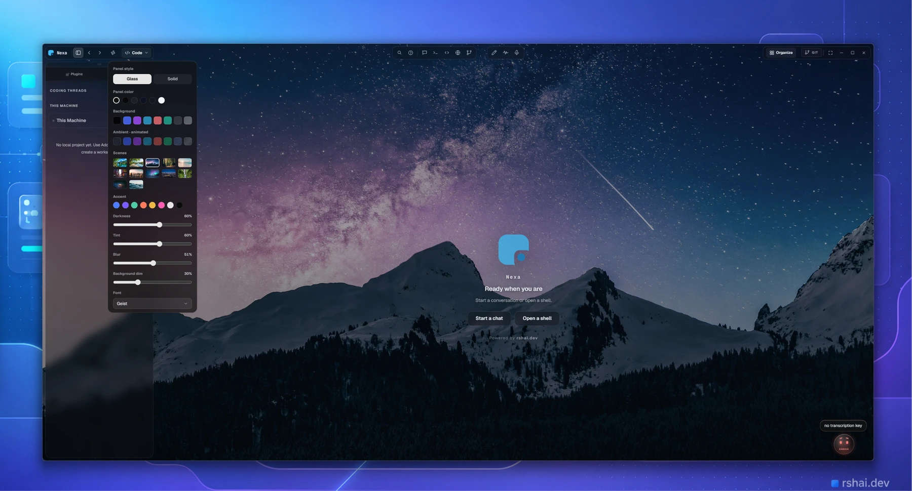 The Nexa appearance panel: panel style, scene, accent and font controls
